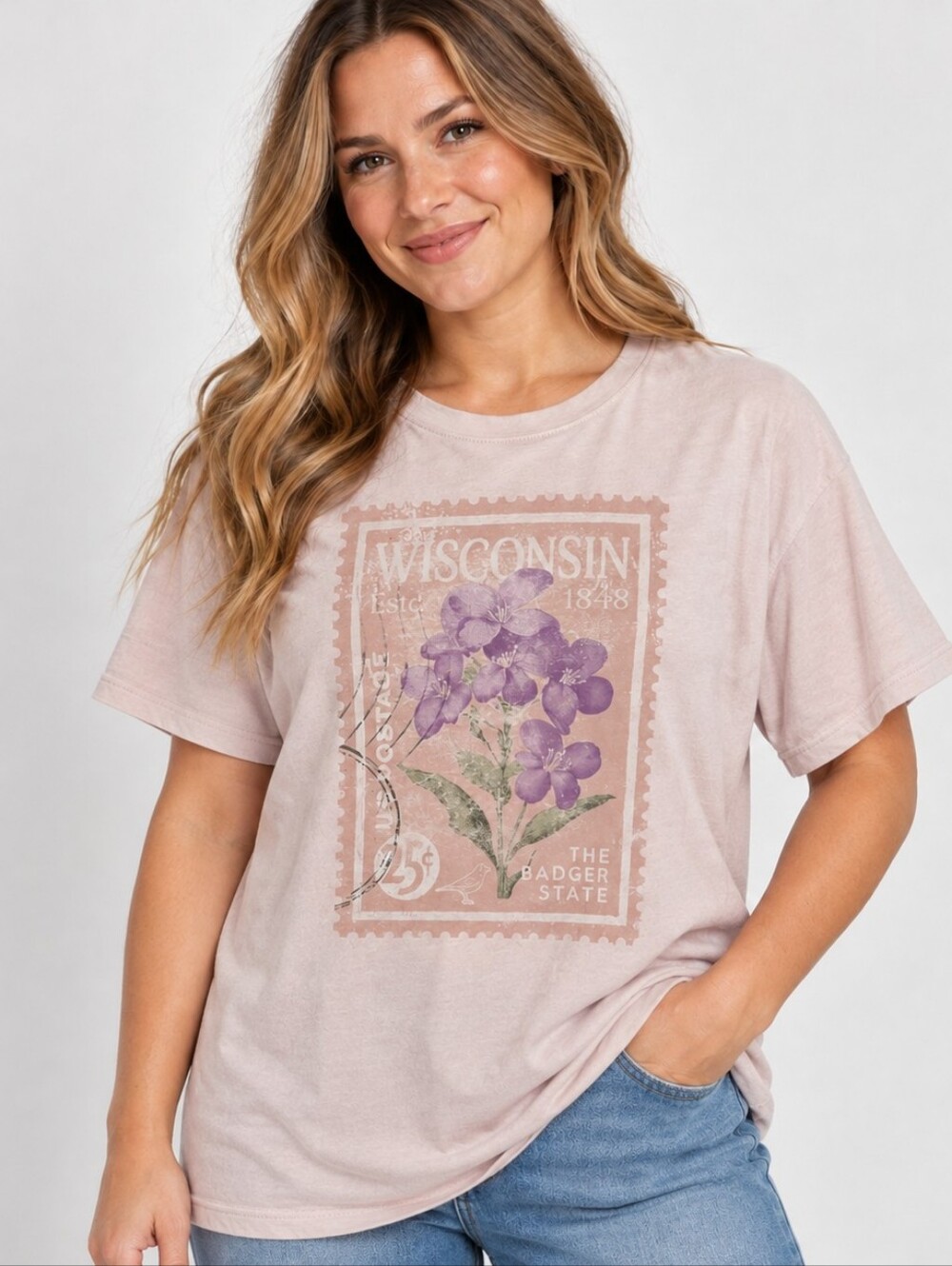 Maurices Wisconsin Graphic Tee Blush Pink Floral Badger State Shirt M Medium